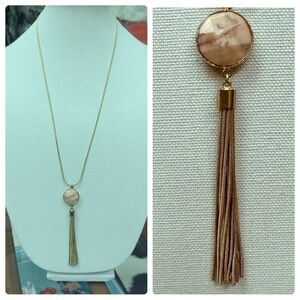 LOFT long pendant necklace gold with pink granite stone and dangling gold ropes